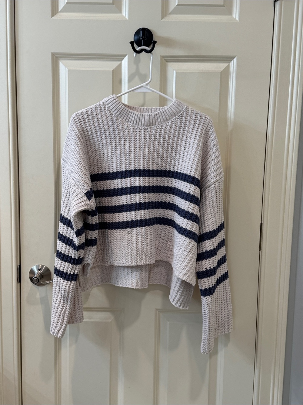 Pink Rose Cream Sweater with Navy Stripes - Cropped Crewneck